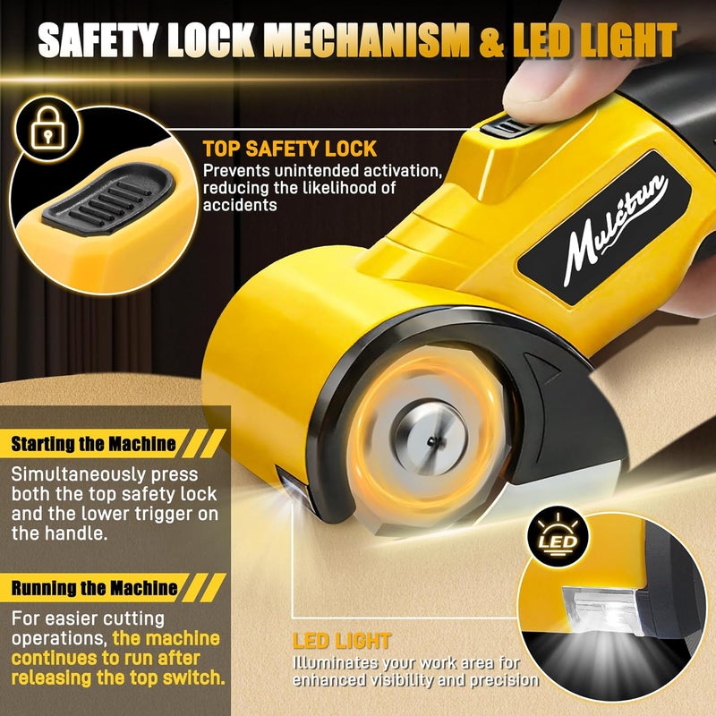 Mulctun Electric Box Cutter with 4 Safety Blades,Storage Bag,Cardboard Cutter with Safety Lock,Led Light,4V 2000mAh Cordless Electric Scissors for Carton Carpet Fabric Leather（Yellow） - Image 5